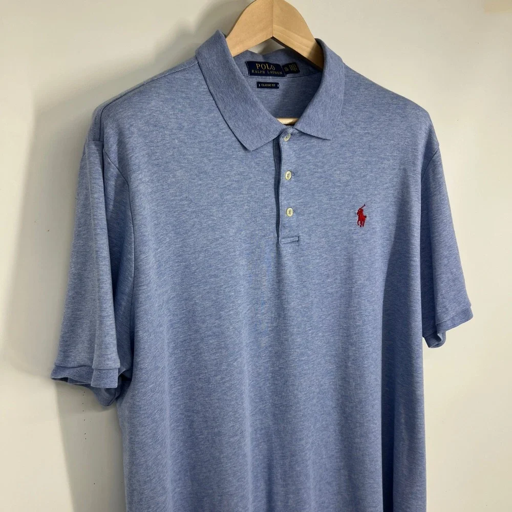 Polo Ralph Lauren Mens XL Classic Fit Blue Heathered Cotton Polo Shirt‎ Red Pony